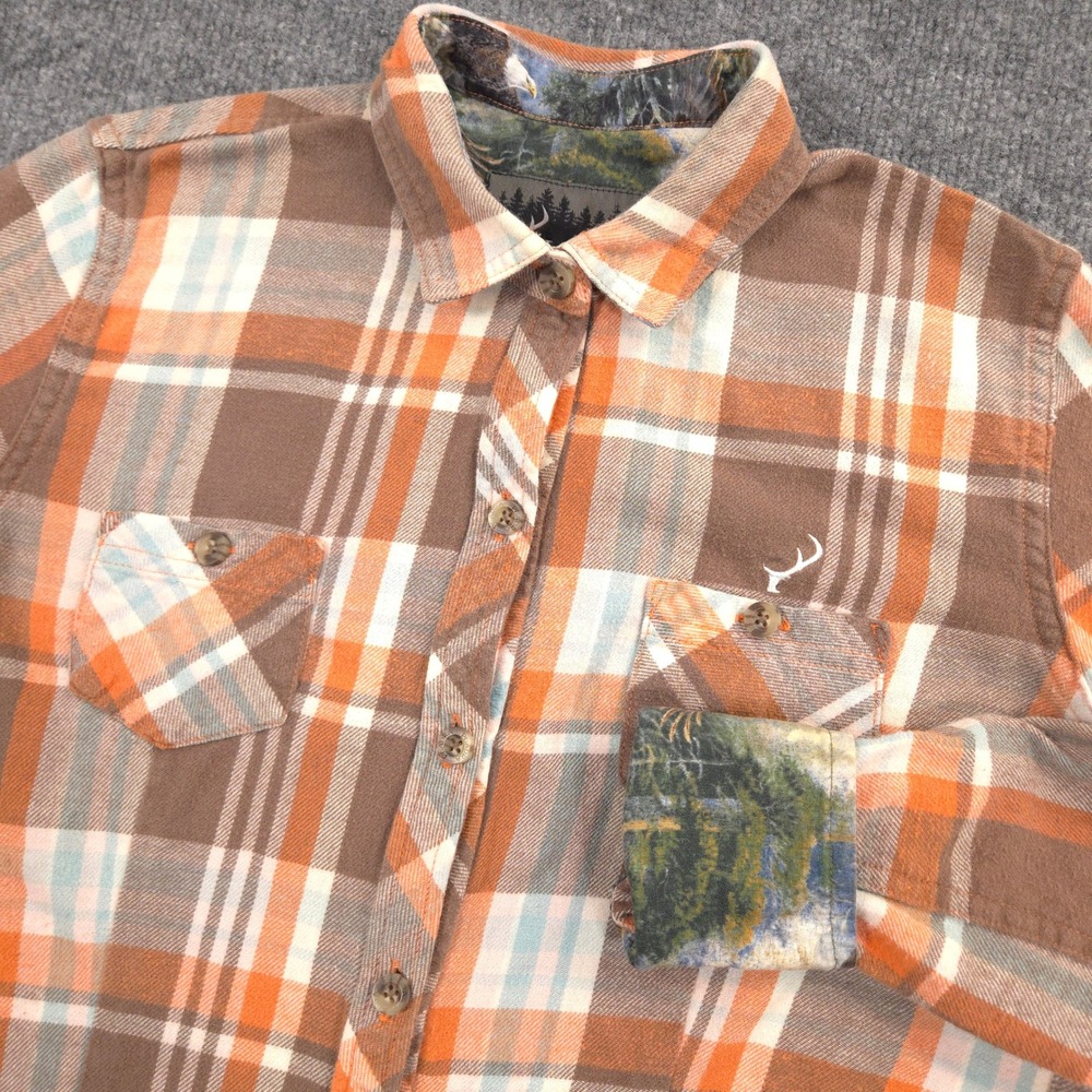 Pladra Flannel Shirt Womens S Brown Orange Plaid Eagle Outdoor Flip Cuff Trim